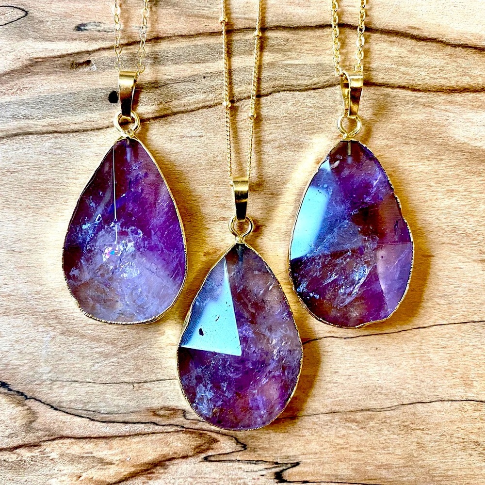 Raw amethyst necklace with 18 inch rose gold plated chain.